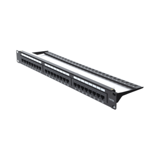Panel de parcheo de impacto (110) UTP de 24 puertos Cat6A, 19in, con barra para Organizar cables y espacio para Etiqueta