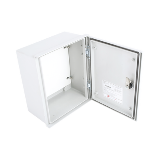 Gabinete de Poliéster IP65 Uso en Intemperie (250 x 300 x 140 mm) con Placa Trasera Interior de Plástico (Incluye Chapa y Llave).