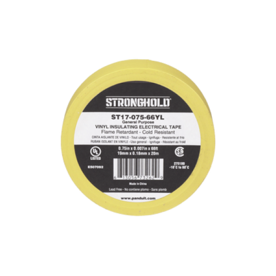 Cinta Eléctrica STRONGHOLD para Aislar, de PVC, Uso General Reparación y Mantenimiento, Grosor de 0.18mm (7 mil), Ancho de 19mm, y 20.12m de Largo, Color Amarillo