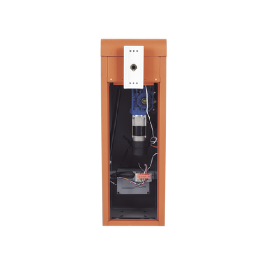 Barrera vehicular izquierda / Soporta brazo de hasta 5.5 m / Final de carrera ajustable por programación / Movimiento fluido / Diseño elegante color naranja
