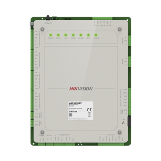 Controlador de Acceso 2 Puertas Administrable en la Nube con Hik-Connect Teams / Interfaz Web / 4 Lectores de Huella o Tarjeta / 100,000 Tarjetas / 10,000 Huellas / Incluye Gabinete y Fuente de Alimentación 12 Vcd 8 A / Soporta Batería de Re
