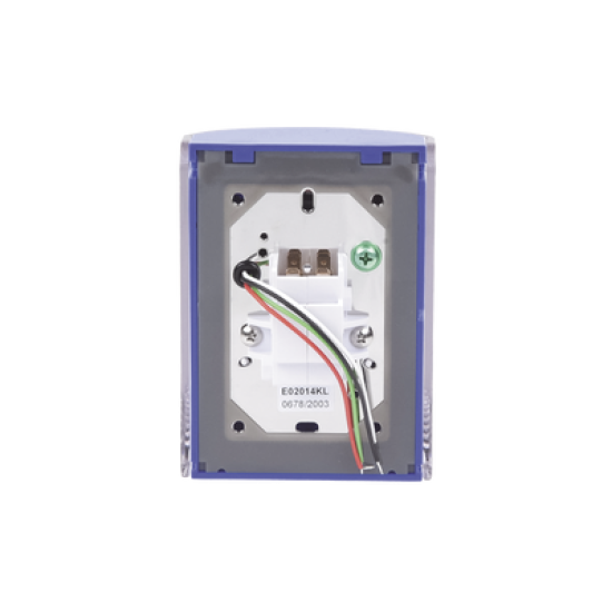 Botón Multipropósito, Color Azul, De Superficie, Con Tapa De Policarbonato, Con Bocina Prealarma, Para Interior, Llave Para Restablecer, Texto De Emergencia, Español