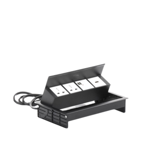 Caja Horizontal tipo Hub para escritorio color negro, con 1 Puerto HDMI Hembra-Hembra, 1 puerto RJ45 Cat6,  2 Puertos USB (Solo carga),  y 2 Contactos eléctricos universales