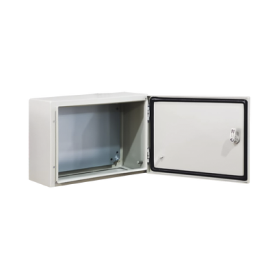 Gabinete de Acero IP66 Uso en Intemperie (400 x 300 x 300 mm) con Placa Trasera Interior Metálica y Compuerta Inferior Atornillable (Incluye Chapa y Llave T). Ideal para Centros de Carga y Tableros de Control.