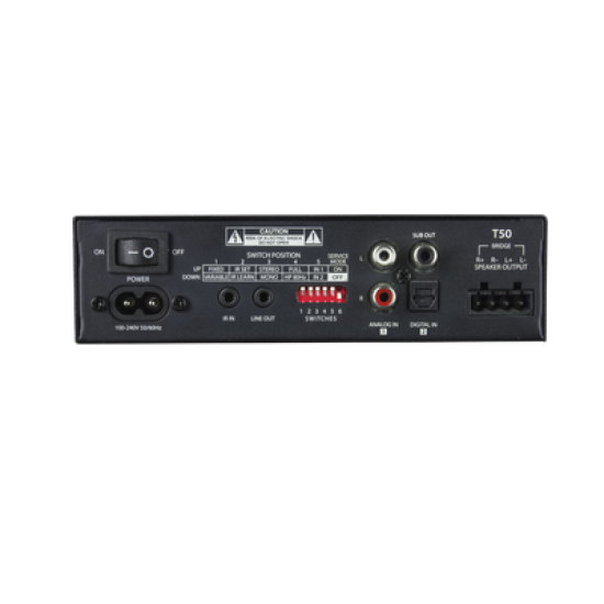 Amp Clase D | 2 Canales 50W | Con Aprendizaje IR | Salida Sub | Estéreo, Bridge, Múltiples Amplificadores | 4-8Ω
