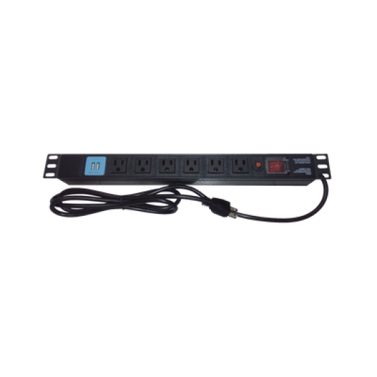 Tomacorriente Horizontal (PDU) de 6 contactos (NEMA 5-15R) + 2 USB para instalación en Rack de 19