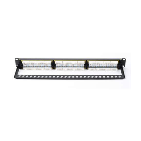 Panel de parcheo de impacto (110) UTP de 24 puertos Cat6A, 19in, con barra para Organizar cables y espacio para Etiqueta