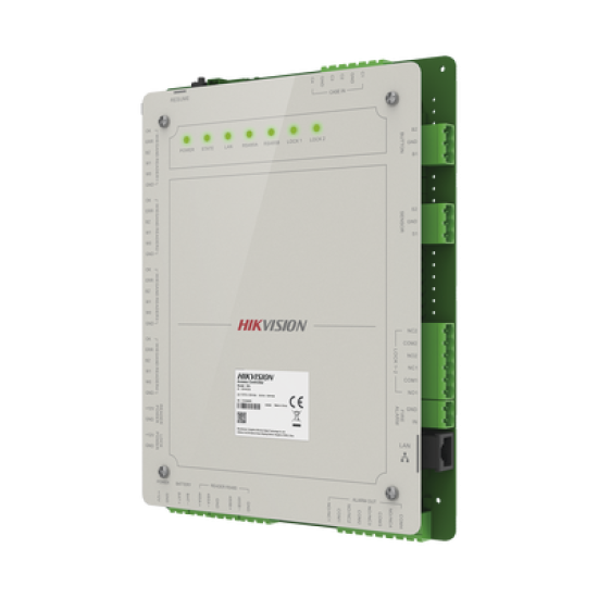 Controlador de Acceso 2 Puertas Administrable en la Nube con Hik-Connect Teams / Interfaz Web / 4 Lectores de Huella o Tarjeta / 100,000 Tarjetas / 10,000 Huellas / Incluye Gabinete y Fuente de Alimentación 12 Vcd 8 A / Soporta Batería de Re