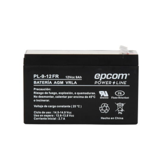 Batería 12 Vcc / 9 Ah / UL / Tecnología AGM-VRLA / Retardante a la flama / Para uso en equipo electrónico Alarmas de intrusión / Incendio/ Control de acceso / Video Vigilancia / Terminales tipo F1 / Cargador recomendado CHR-80.