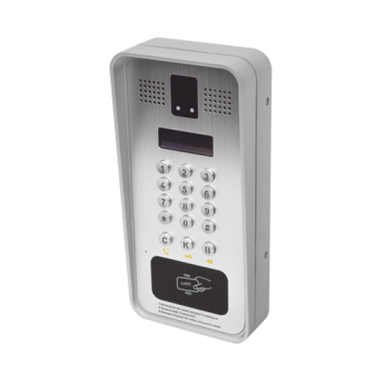 Video portero IP/SIP Con Cámara y pantalla LCD, 2 Relevadores Integrados (entrada y salida), Onvif y lector de tarjetas RFID, puerto WIEGAND (entrada).
