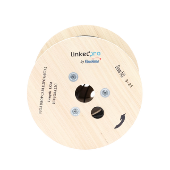 Carrete de 1 km de Fibra Óptica Aérea Mini Figura 8 G.657A2 tipo Drop, Monomodo de 2 Hilos (bifibra), Diseñada para Fusionarse, Color Negro, Span 80, (No Soporta Conectores Mecánicos)