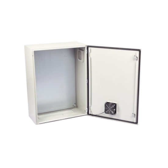 Gabinete Ventilado de Acero IP55 Uso en Exterior (500 x 700 x 250 mm) con Placa Trasera Interior Metálica y Compuerta Inferior Atornillable. Incluye Ventilador, Ventilas, filtros, Chapas y Llave T.