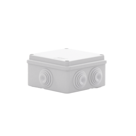 Caja de derivación de PVC Auto-extinguible con 6 entradas, tapa atornillada, 100x100x50 MM, (Medidas internas, mayor área permisible para e cable, Para exterior (IP55)