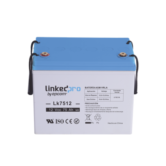 Batería 12 Vcc / 75 Ah / UL / Tecnología AGM-VRLA / Vida útil promedio de 5 años / Para uso en equipo electrónico / Sistemas de emergencia y aplicaciones fotovoltaicas Terminales T3