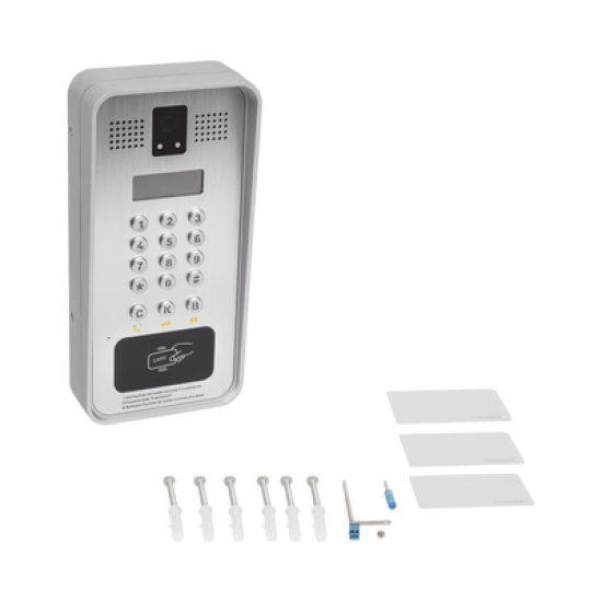 Video portero IP/SIP Con Cámara y pantalla LCD, 2 Relevadores Integrados (entrada y salida), Onvif y lector de tarjetas RFID, puerto WIEGAND (entrada).