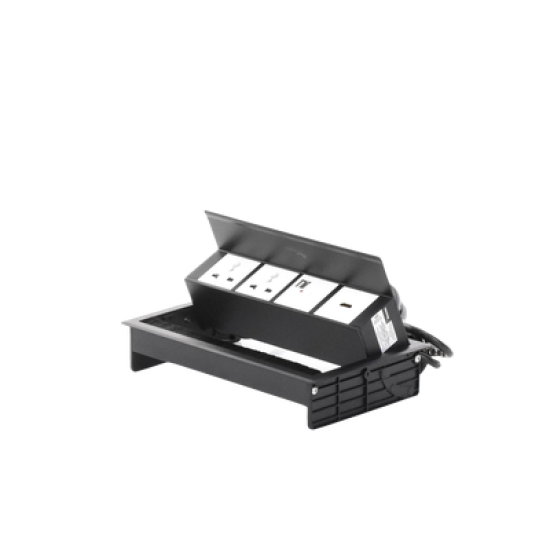 Caja Horizontal tipo Hub para escritorio color negro, con 1 Puerto HDMI Hembra-Hembra, 1 puerto RJ45 Cat6,  2 Puertos USB (Solo carga),  y 2 Contactos eléctricos universales