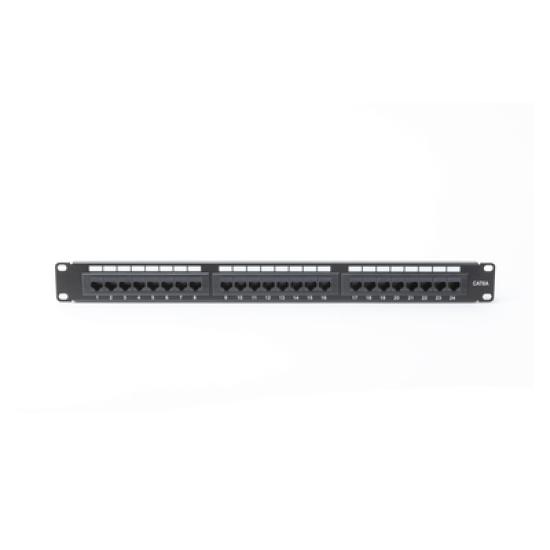 Panel de parcheo de impacto (110) UTP de 24 puertos Cat6A, 19in, con barra para Organizar cables y espacio para Etiqueta