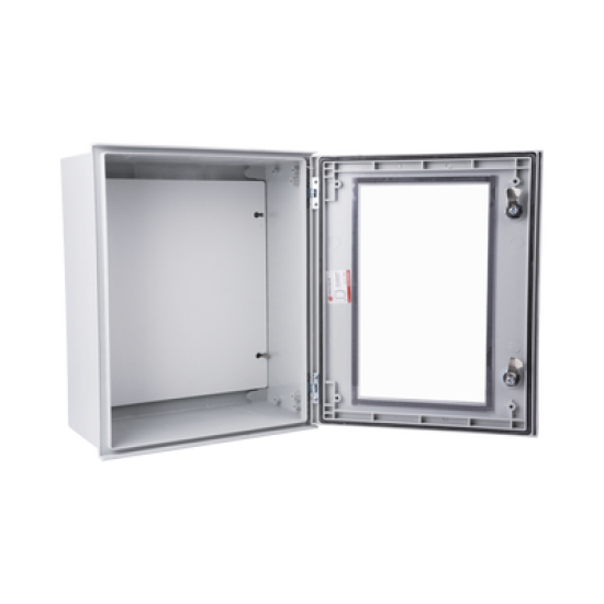 Gabinete de Poliéster IP65 Puerta Transparente, Uso en Intemperie (400 x 500 x 200 mm) con Placa Trasera Interior de Plástico (Incluye Chapa y Llave).