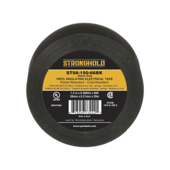 Cinta Eléctrica STRONGHOLD para Aislar, de PVC, Trabajo Pesado Eléctrico Industrial (Soporta UV, abrasión, agua, aceite y corrosión), Grosor de 0.21 mm (8.5 mil), Ancho de 38 mm, y 20 m de Largo, Uso Interior/Exterior, Color Ne