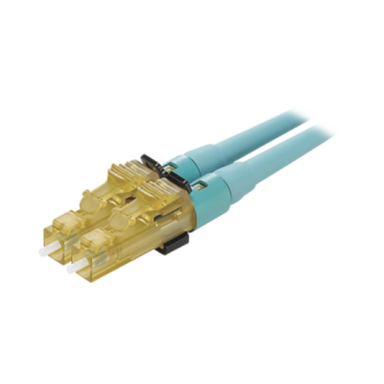 Conector de Fibra Óptica LC Duplex OptiCam, Multimodo 50/125 OM3/OM4, Pre-pulido, Color Aqua