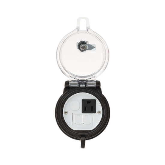 Dispositivo Circular de Puertos de Acceso a Datos, Con Dos Espacios Para Módulos Mini-Com y Un Receptáculo NEMA 5-15R, Protección IP66, de 3