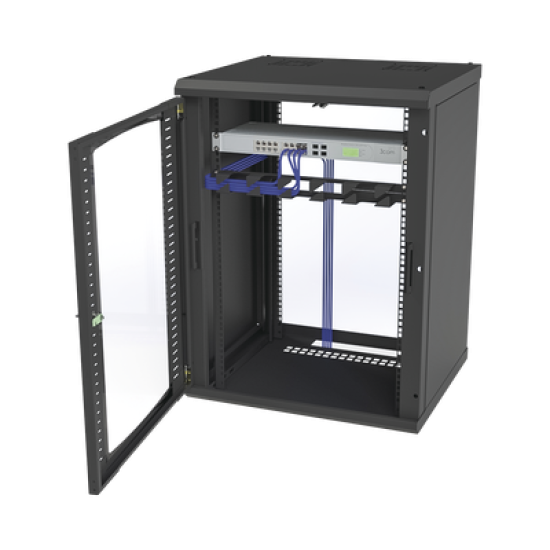 Gabinete para Montaje en Pared, Puerta de Cristal Templado, Cuerpo Fijo con Rack 19