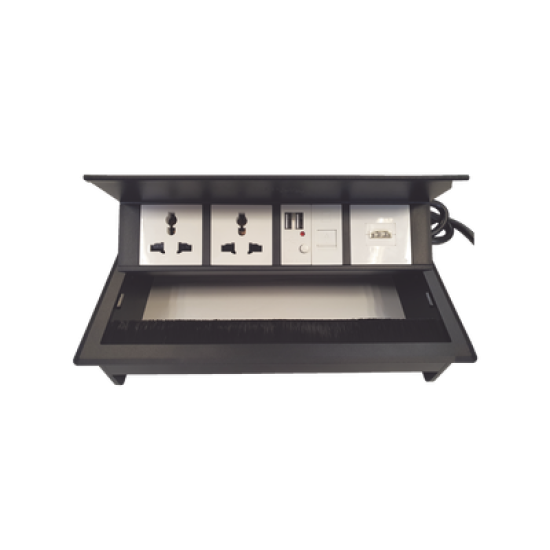 Caja Horizontal tipo Hub para escritorio color negro, con 1 Puerto HDMI Hembra-Hembra, 1 puerto RJ45 Cat6,  2 Puertos USB (Solo carga),  y 2 Contactos eléctricos universales