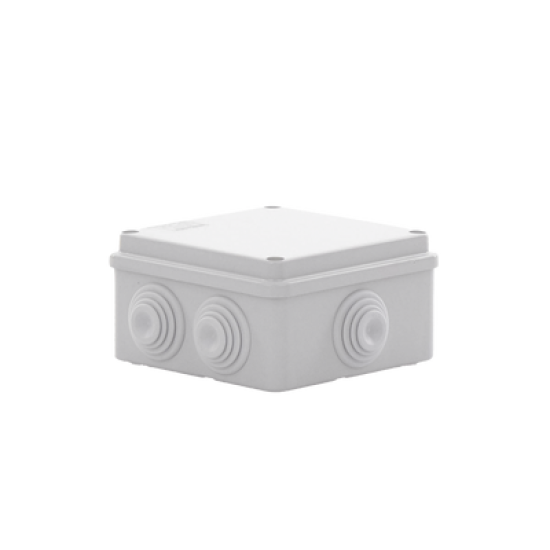 Caja de derivación de PVC Auto-extinguible con 6 entradas, tapa atornillada, 100x100x50 MM, (Medidas internas, mayor área permisible para e cable, Para exterior (IP55)
