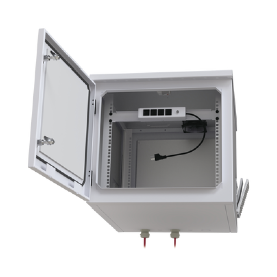 Gabinete PROFUNDO hasta 705 mm  de profundidad, de Exterior de 9UR con Ventiladores y Termostato, Se envía el Gabinete Armado, (Montaje a poste o torre se vende por separado).
