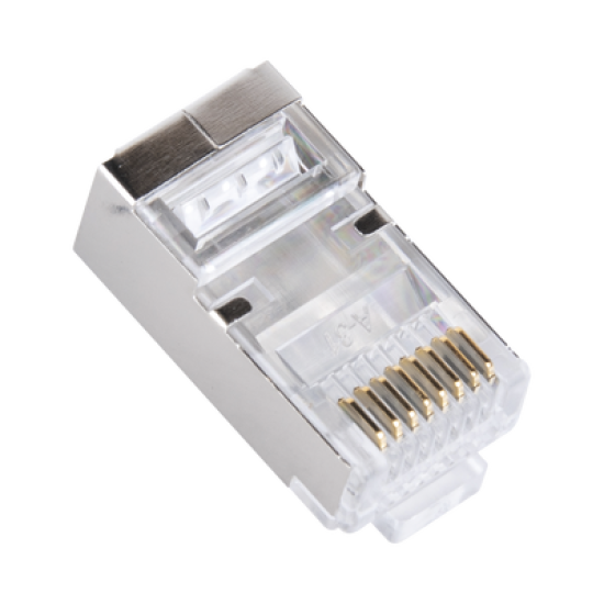 Bote con 100 Plugs Pass through RJ45 Cat6 BLINDADO chapado de oro a 30 micras para durabilidad extrema