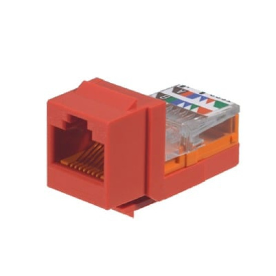 Conector Jack Estilo Leadframe, Tipo Keystone, Categoría 5e, de 8 posiciones y 8 cables, Color Rojo Conector Jack Estilo Leadframe, Tipo Keystone, Categoría 5e, de 8 posiciones y 8 cables, Color Rojo