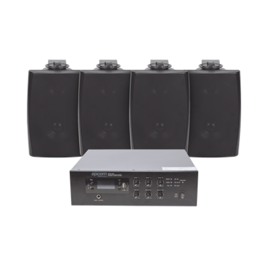 KIT de Amplificador de 120W para Escritorio | 4 Altavoces de Pared color Negro 2.5W - 20W | Sistema 70/100V