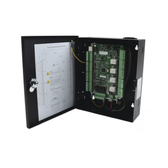 Controlador de Acceso para 4 Puertas y 4 Lectores / Fácil Administración con Software Gratuito / Incluye Gabinete y Fuente de Alimentación 12Vcc/8A / 10,000 Tarjetas / 50,000 Eventos