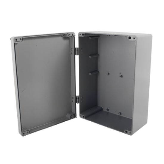 Gabinete de Aluminio para Exterior (IP66) de 390 x 280 x 158 mm con Rápida Disipación de Calor, Cierre por Tornillos con Bisagra.