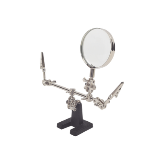 Soporte con lupa y dos brazos con clip. Ideal para trabajos de soldadura.