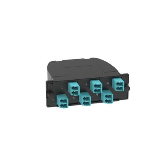 Casete OptiCom® de Fibra Óptica Multimodo OM4, Con Conector MPO a 6 LC Duplex, Polaridad Método A, Pérdida de Inserción Estándar 