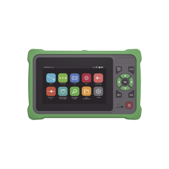 OTDR Touch para Pruebas en los Enlaces de Fibra Óptica / Longitudes de onda  1310nm y 1550nm / Función VFL 10mW / Función OPM / Función de Mapeo de cables de Red RJ45 / Recargable / Distancia de prueba de hasta 260km