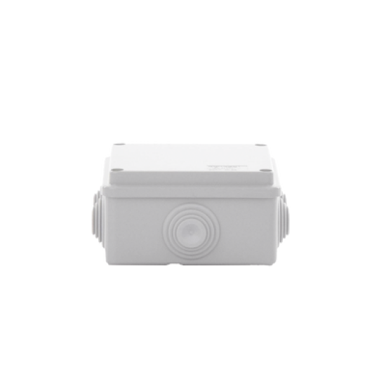 Caja de derivación de PVC Auto-extinguible con 6 entradas, tapa atornillada, 100x100x50 MM, (Medidas internas, mayor área permisible para e cable, Para exterior (IP55)