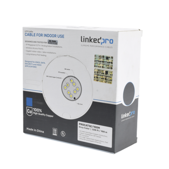 Cable Cat5e de alto rendimiento, con certificaciones ETL, UL, color gris, de 100 m ( 328 ft ) para aplicaciones en CCTV, redes de datos. Uso interior.