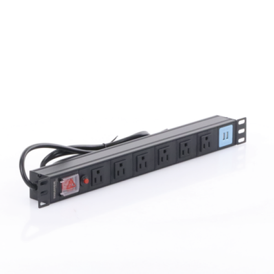 Tomacorriente Horizontal (PDU) de 6 contactos (NEMA 5-15R) + 2 USB para instalación en Rack de 19