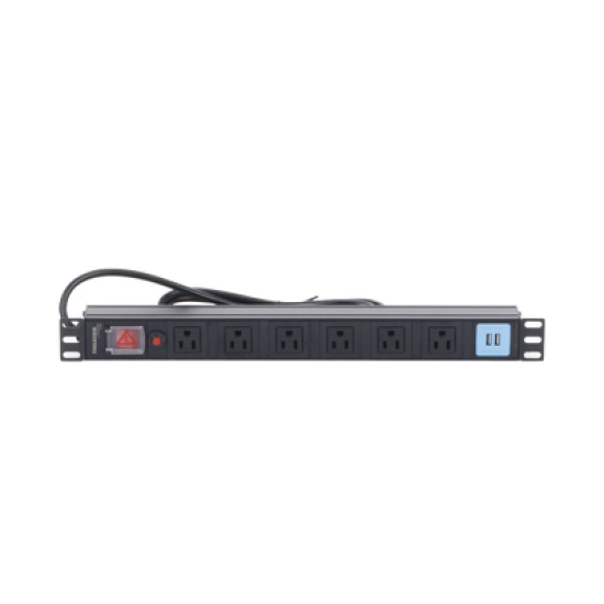 Tomacorriente Horizontal (PDU) de 6 contactos (NEMA 5-15R) + 2 USB para instalación en Rack de 19