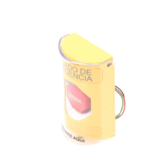 Botón de Apagado de Emergencia, Texto en Español, Tapa Protectora de Policarbonato Súper Resistente, Restablecimiento con Llave