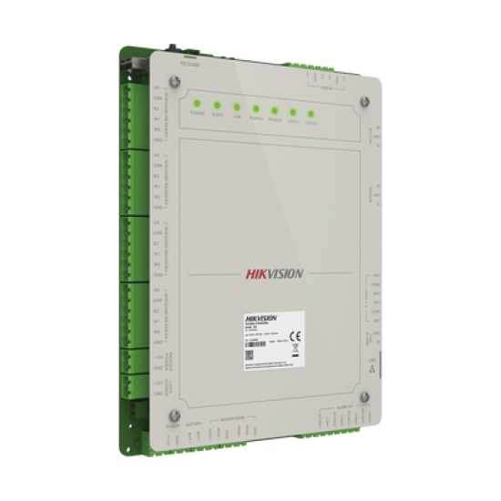 Controlador de Acceso 2 Puertas Administrable en la Nube con Hik-Connect Teams / Interfaz Web / 4 Lectores de Huella o Tarjeta / 100,000 Tarjetas / 10,000 Huellas / Incluye Gabinete y Fuente de Alimentación 12 Vcd 8 A / Soporta Batería de Re