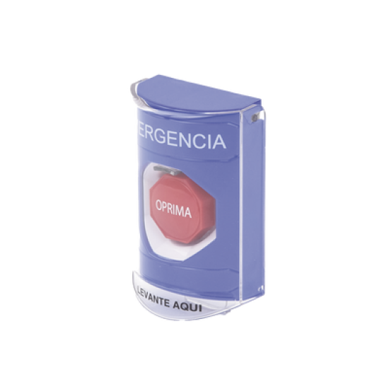 Botón Multipropósito, Color Azul, De Superficie, Con Tapa De Policarbonato, Con Bocina Prealarma, Para Interior, Llave Para Restablecer, Texto De Emergencia, Español