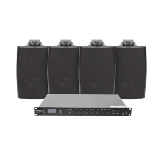 KIT de Amplificador de Audio 120W para Rack | 4 Altavoces de Pared color Negro 2.5W - 20W | Sistema 70/100V