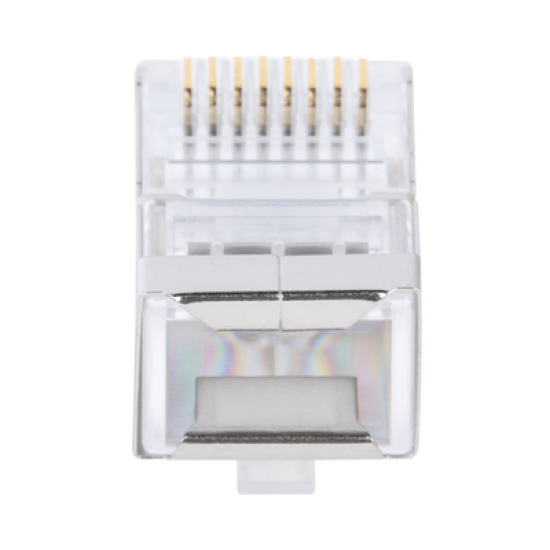 Bote con 100 Plugs Pass through RJ45 Cat6 BLINDADO chapado de oro a 30 micras para durabilidad extrema