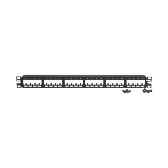 Panel de Parcheo Modular Mini-Com (Sin Conectores), Plano de Instalación al Ras, Sin Blindaje, de 24 puertos, 1UR