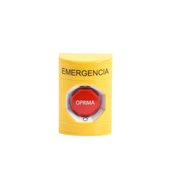 Botón de Emergencia en Español, Color Amarillo, Acción Mantenida, Girar para Restablecer y LED Multicolor