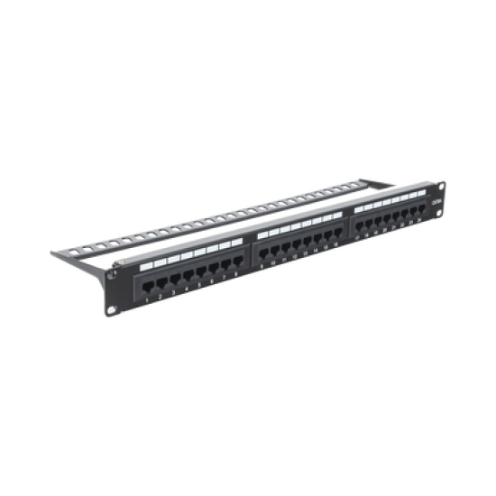 Panel de parcheo de impacto (110) UTP de 24 puertos Cat6A, 19in, con barra para Organizar cables y espacio para Etiqueta