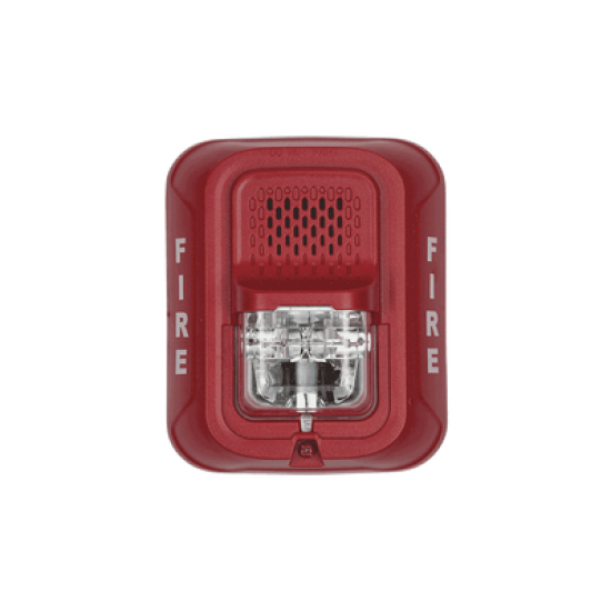 Sirena con Lámpara Estroboscópica / a 2 Hilos / Montaje en Pared / 12 o 24 Vcd / Configuración Estroboscópica Seleccionable / Texto en Inglés / Color Rojo 